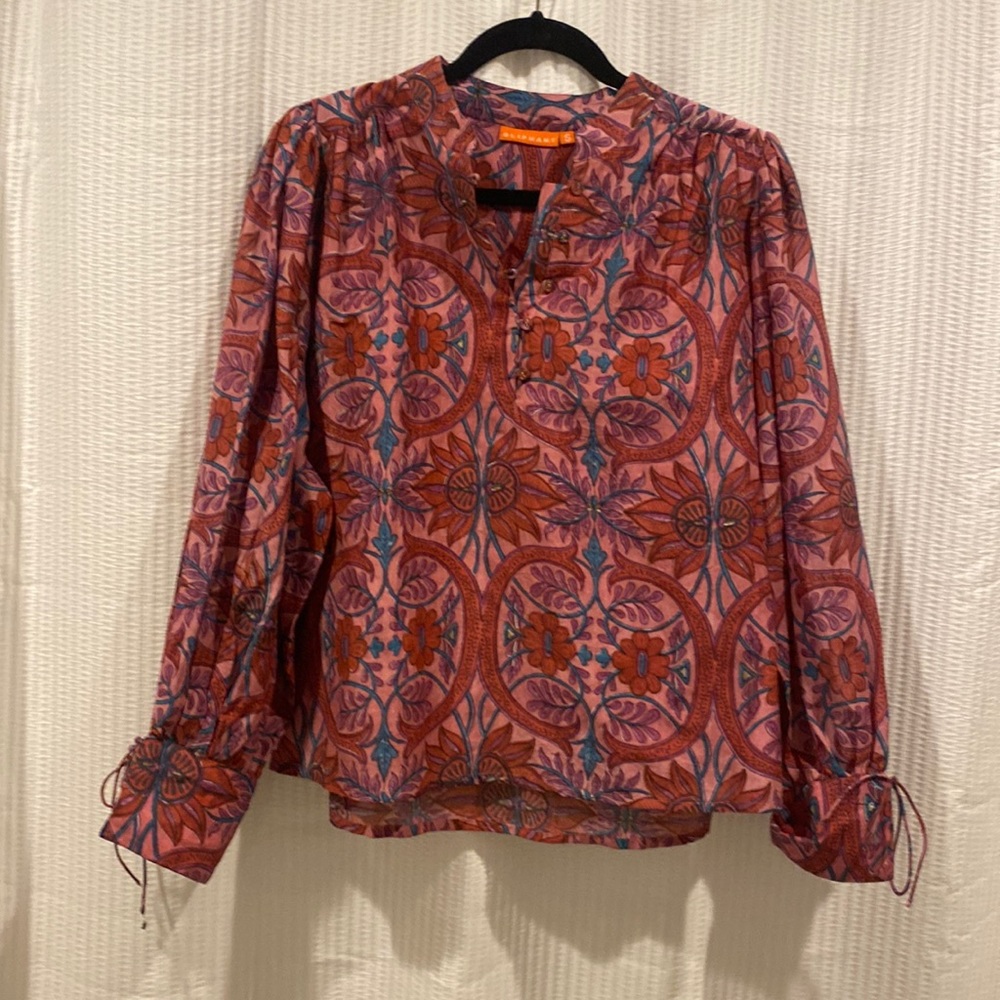 Oliphant Pintuck Wide Cuff Blouse- Pink, Raspberry and Teal. Size Small. Worn 1x
